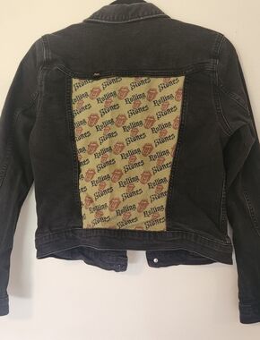 Custom Black Denim Jacket with Rolling Stones Patch